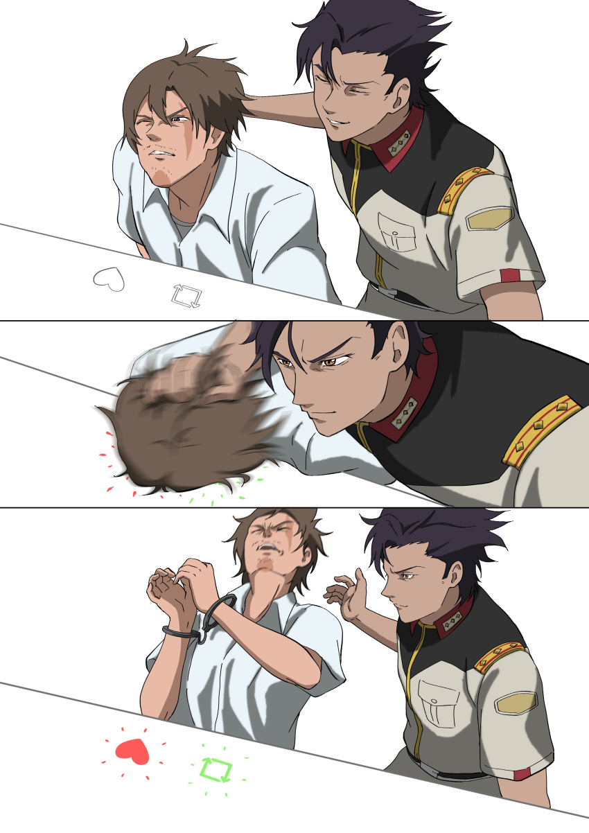 2boys, absurdres, black_hair, bongo_cat, brown_eyes, brown_hair, closed_eyes, collared_shirt, cuffs, dark-skinned_male, dark_skin, facial_hair, gawman_nobile, gundam, gundam_hathaway's_flash, handcuffs, highres, imasogari, kenneth_sleg, like_and_retweet, male_focus, meme, military, military_uniform, multiple_boys, one_eye_closed, open_mouth, parted_lips, scar, scar_across_eye, scene_reference, shirt, smile, stubble, twitter, uniform, white_shirt