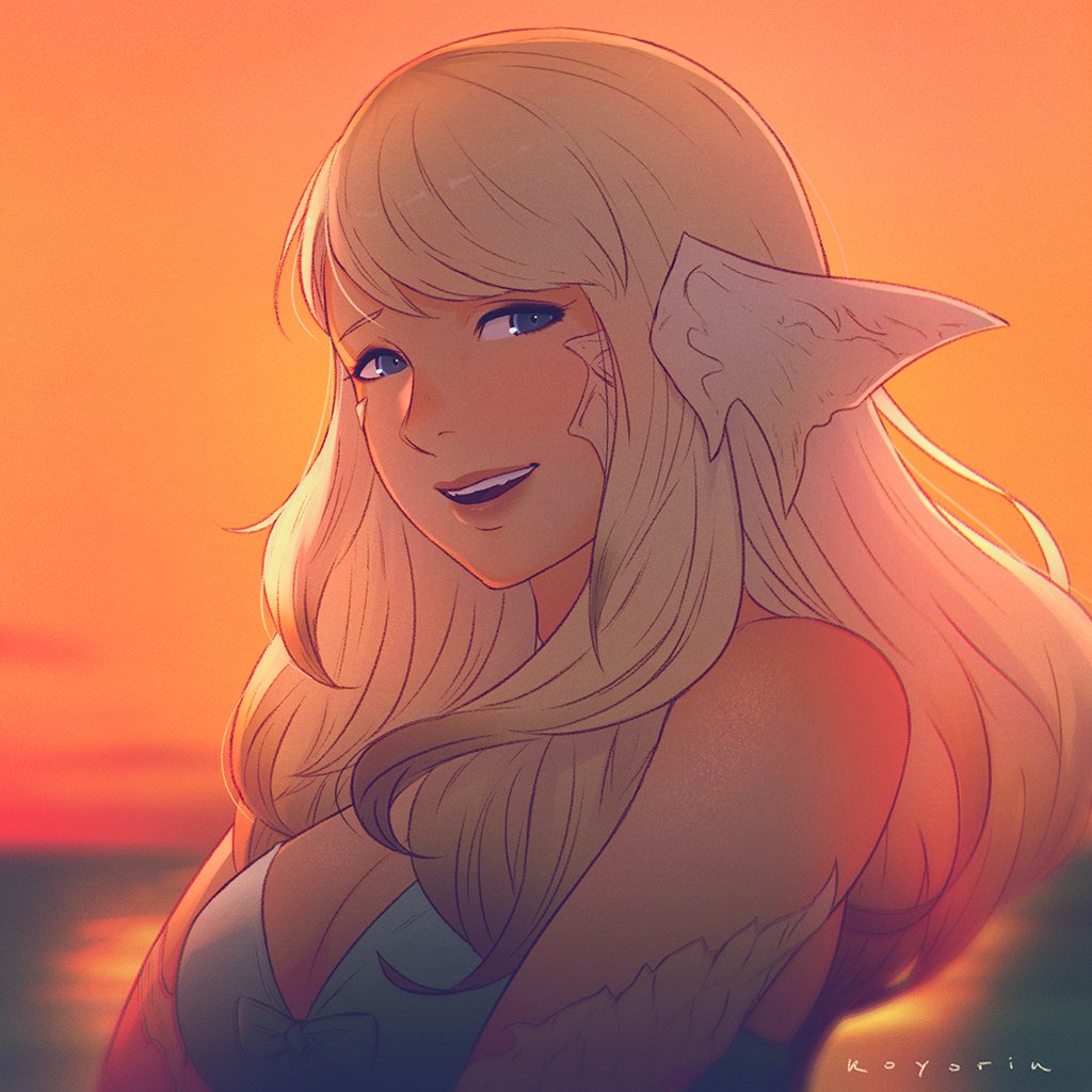 1girl, au_ra, bangs, bikini, blonde_hair, blue_eyes, dragon_horns, final_fantasy