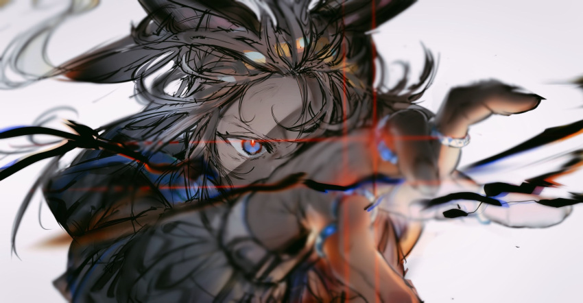 1girl, amiya_(arknights), animal_ears, arknights, black_jacket, blue_eyes, brown_hair, highres, hood, hood_down, hooded_jacket, hossi, jacket, jewelry, long_hair, originium_arts_(arknights), ponytail, rabbit_ears, ring, solo