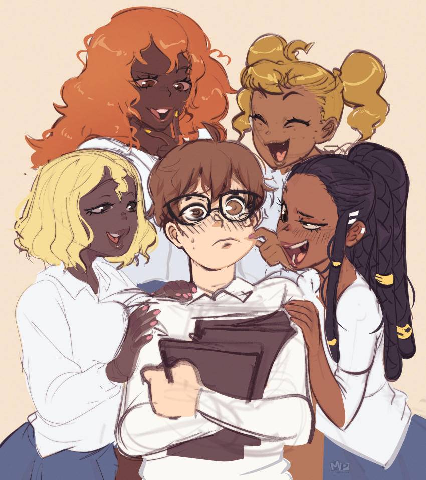 1boy, 4girls, absurdres, alternate_skin_color, black-framed_eyewear, black_hair, blonde_hair, blush