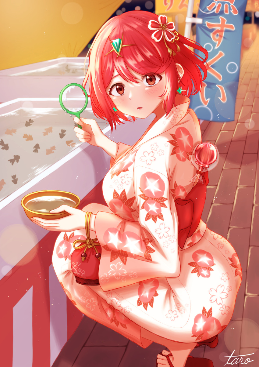 1girl, absurdres, bangs, breasts, candy_apple, festival, flip-flops, food