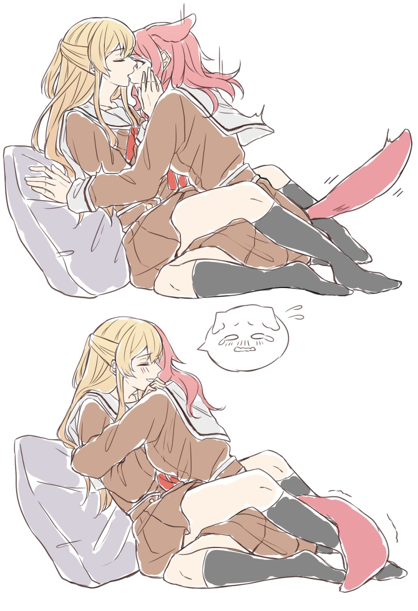 2girls, aiiro_bokujuu, animal_ears, bang_dream!, between_legs, blonde_hair, blush, closed_eyes