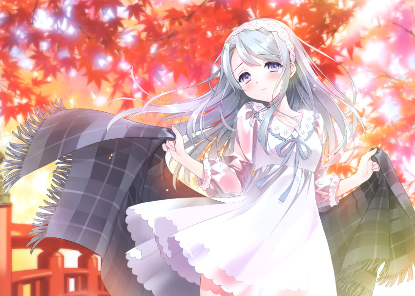 1girl, absurdres, blue_ribbon, blush, bow, bridge, carnelian, cowboy_shot