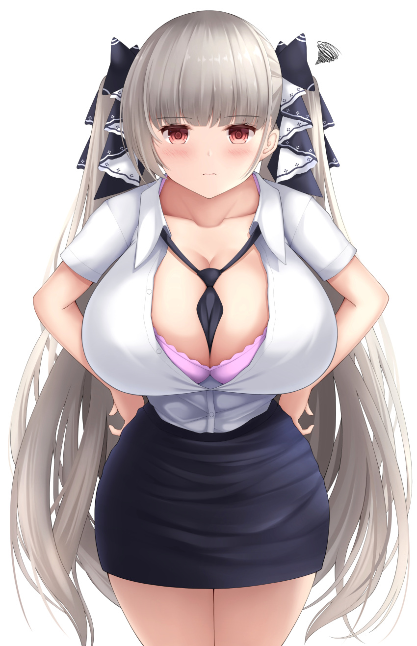 1girl, absurdres, alternate_costume, azur_lane, between_breasts, black_neckwear, black_ribbon, black_skirt, bra, bra_peek, breasts, center_opening, cowboy_shot, eyebrows_visible_through_hair, formidable_(azur_lane), gintokyhenry, glasses, grey_hair, hair_ribbon, hands_on_hips, highres, huge_breasts, long_hair, looking_at_viewer, loose_necktie, miniskirt, necktie, necktie_between_breasts, office_lady, partially_unbuttoned, pencil_skirt, pink_bra, red_eyes, ribbon, shirt, short_sleeves, simple_background, skirt, taut_clothes, taut_shirt, twintails, underwear, very_long_hair, white_background, white_shirt