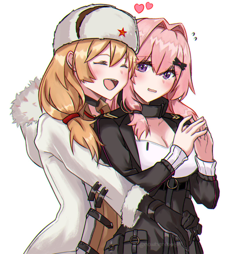 00nowhereman, 2girls, blush, choker, closed_eyes, dress, english_commentary, fur_hat, girls_frontline, hair_ornament, hairclip, hammer_and_sickle, hat, heart, highres, hug, k31_(girls_frontline), mod3_(girls_frontline), mosin-nagant_(girls_frontline), multiple_girls, open_mouth, pink_eyes, ushanka, violet_eyes, white_background, yuri