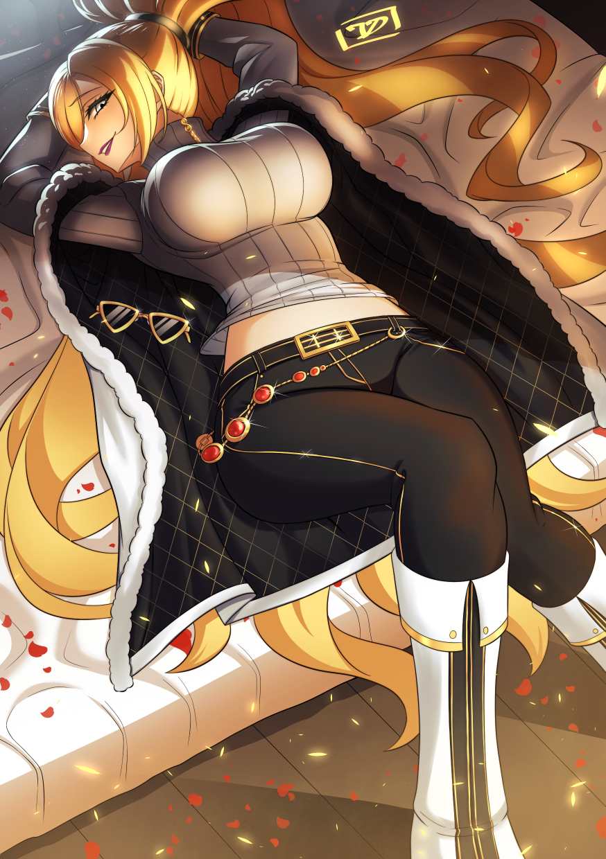 1girl, arms_behind_head, belt_buckle, black_pants, blonde_hair, boots, breasts, buckle, chain, curvy, dollar_sign, eyewear_removed, fur_trim, gold_chain, grey_eyes, grey_sweater, highres, hilda_(under_night_in-birth), huge_breasts, impossible_clothes, impossible_sweater, lips, lipstick, long_hair, looking_at_viewer, lying, makeup, midriff, narrow_waist, on_back, on_bed, pants, petals, sideways_mouth, smile, solo, sunglasses, sweater, turtleneck, turtleneck_sweater, under_night_in-birth, vermillion_dice, very_long_hair, watermark, white_footwear, wide_hips, yellow-framed_eyewear, zipper_pull_tab