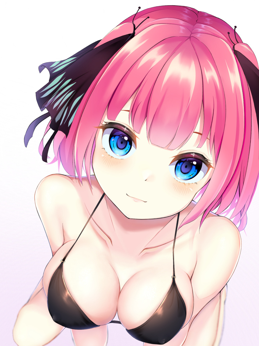 1girl, absurdres, bangs, bikini, black_bikini, blue_eyes, blush, breasts, collarbone, go-toubun_no_hanayome, highres, large_breasts, looking_at_viewer, medium_hair, nakano_nino, nashiki_(5tella), perspective, smile, solo, swimsuit