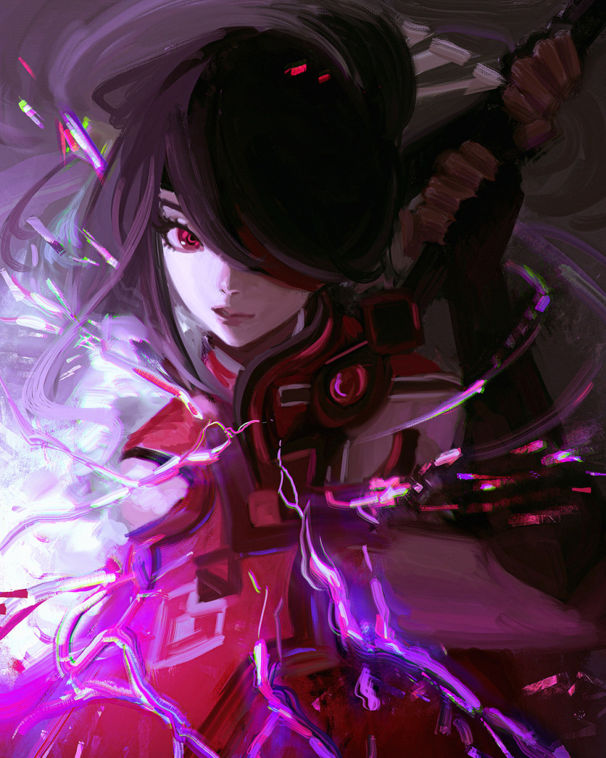 1girl, beidou_(genshin_impact), black_gloves, brown_hair, electricity, eyepatch, fingerless_gloves, flowersbloodart