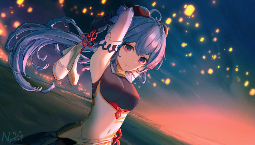 1girl, absurdres, ahoge, armpits, arms_behind_head, arms_up, bangs, bell
