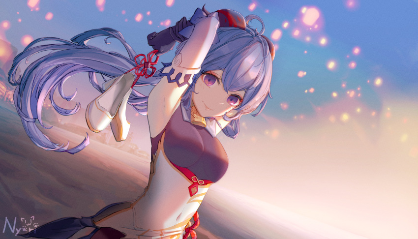 1girl, absurdres, ahoge, armpits, arms_behind_head, arms_up, bangs, bell