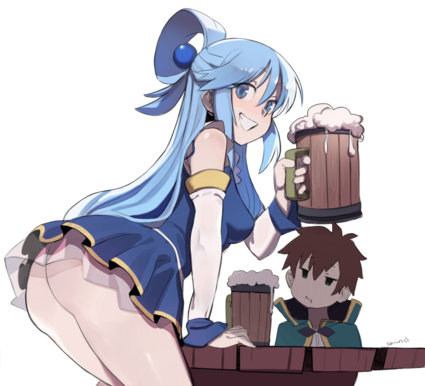 1boy, 1girl, aqua_(konosuba), ass, blue_eyes, blue_hair, blue_shirt, blue_skirt