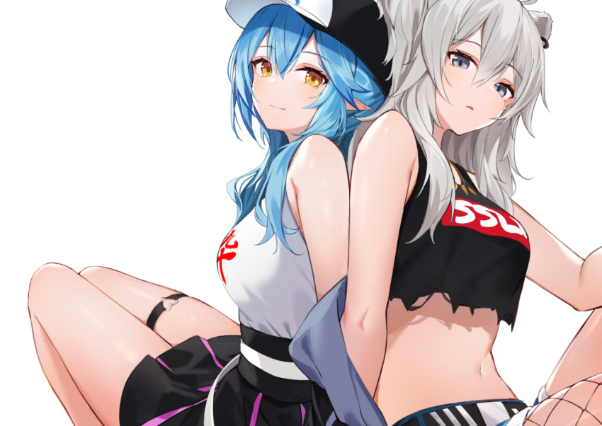 2girls, ahoge, animal_ears, bangs, baseball_cap, belt, black_headwear, black_jacket