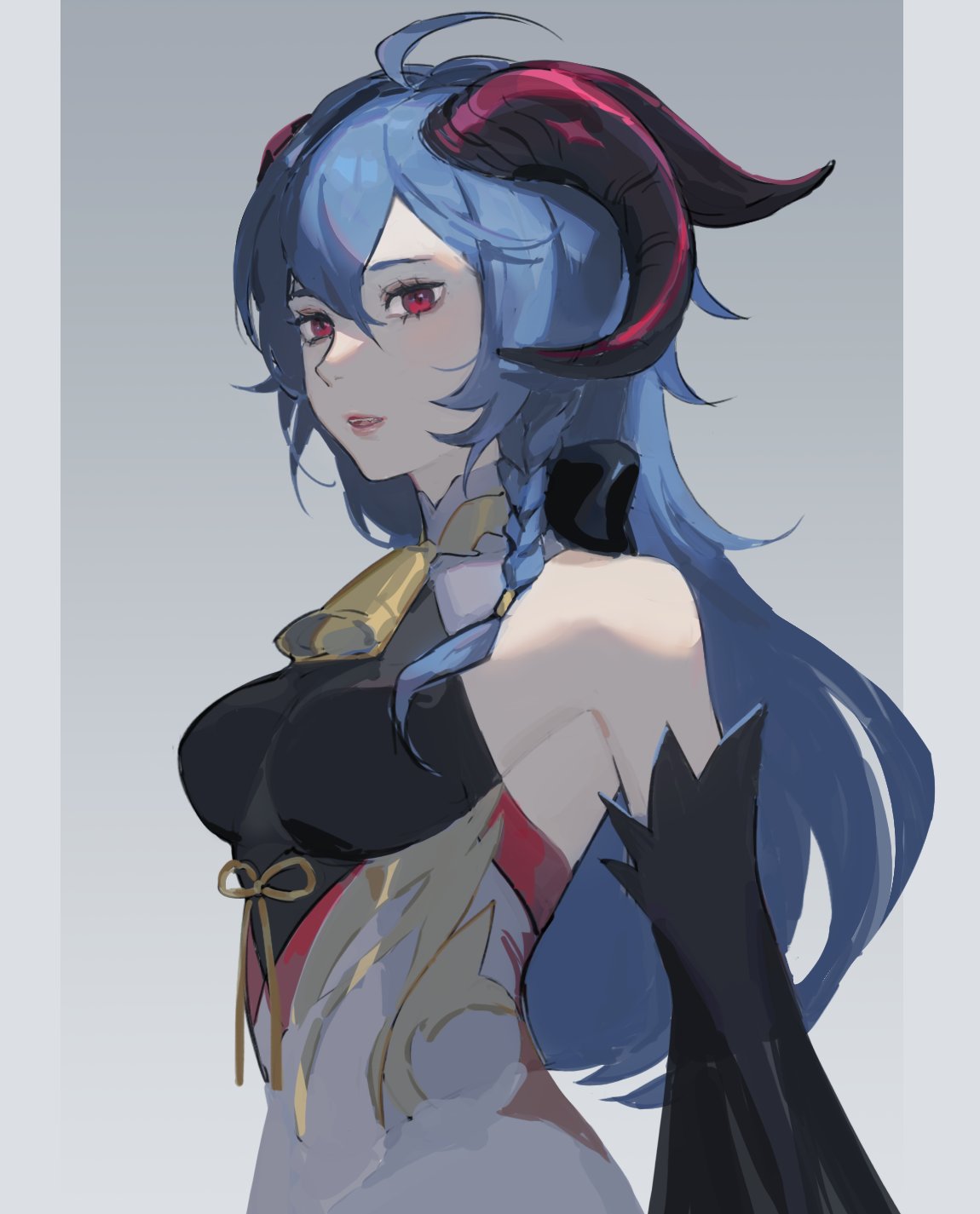 1girl, bangs, blue_hair, bodystocking, braid, breasts, detached_sleeves, english_commentary
