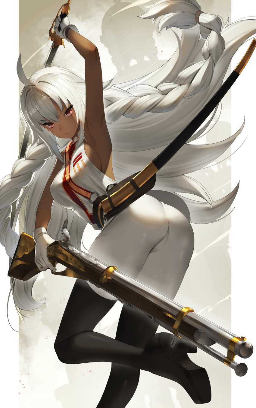 1girl, absurdres, ahoge, ass, boots, braid, breasts, dark-skinned_female, dark_skin, eyebrows_visible_through_hair, fate/grand_order, fate_(series), gun, high_heels, highres, holding, holding_gun, holding_sword, holding_weapon, lakshmibai_(fate), long_hair, red_eyes, sideboob, sukocchi, sword, thigh-highs, thigh_boots, twin_braids, weapon, white_hair