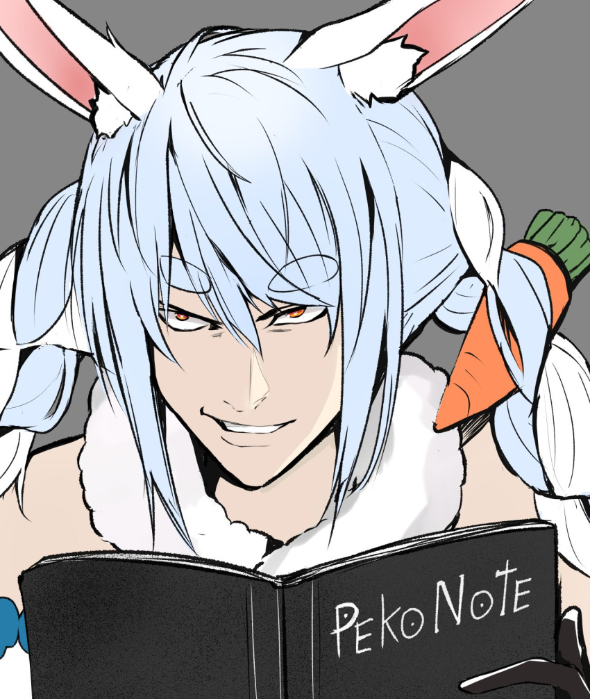 1girl, animal_ear_fluff, animal_ears, artpatient, bangs, black_gloves, blue_hair, book, carrot_hair_ornament, death_note, death_note_(object), eyebrows_visible_through_hair, food-themed_hair_ornament, fur_scarf, gloves, grey_background, hair_ornament, highres, holding, holding_book, hololive, multicolored_hair, obata_takeshi_(style), orange_eyes, parody, portrait, rabbit_ears, short_eyebrows, smirk, solo, style_parody, two-tone_hair, usada_pekora, virtual_youtuber, white_hair