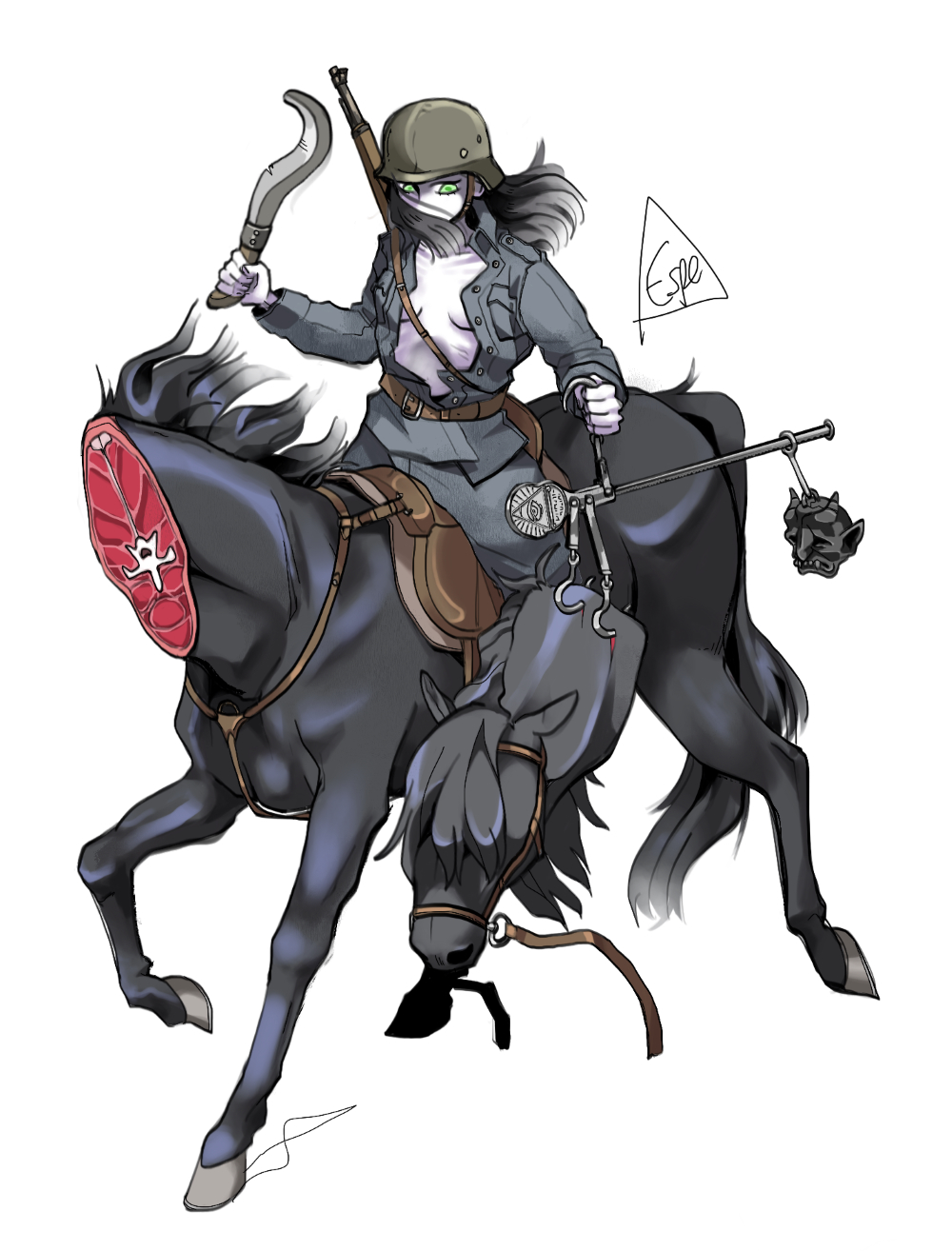 1girl, black_hair, black_horse, bolt_action, breasts, cavalry, espedraws, full_body