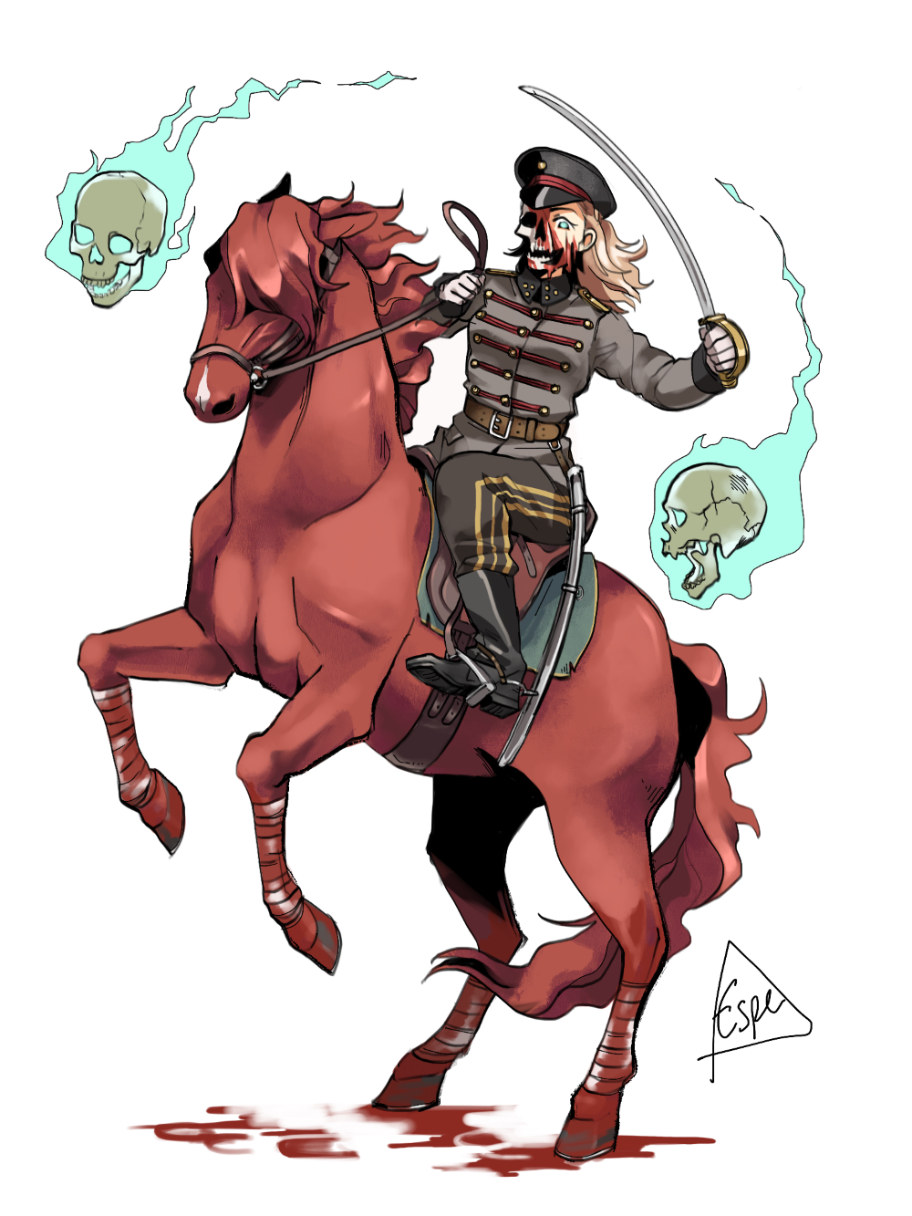 1girl, black_footwear, black_headwear, black_pants, blonde_hair, blood, blood_on_face, blue_eyes, boots, cavalry, espedraws, flaming_skull, full_body, gloves, hat, highres, holding, holding_sword, holding_weapon, horseback_riding, long_hair, long_sleeves, looking_at_viewer, military, military_hat, military_uniform, original, pants, red_horse, riding, saber_(weapon), sheath, simple_background, skull, solo, sword, uniform, weapon, white_background, white_gloves