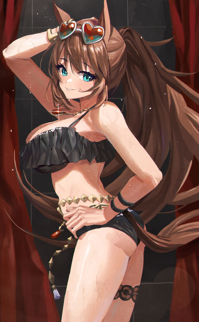 1girl, absurdres, alraune, animal_ears, arm_up, bangs, bikini, black_bikini