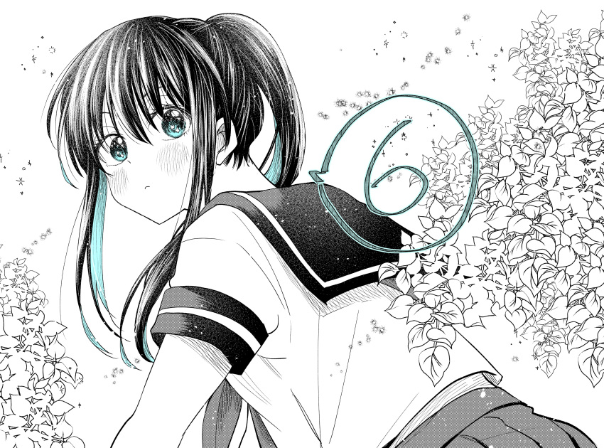 1girl, absurdres, blue_eyes, blue_hair, blush, colored_inner_hair, flower, from_behind