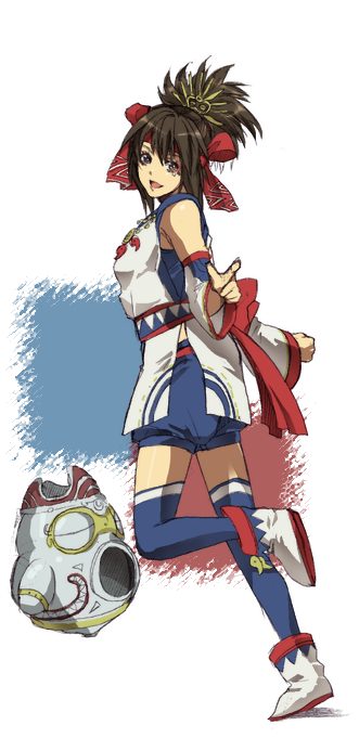 1girl, black_hair, brown_eyes, detached_sleeves, facial_mark, hair_ornament, headband, himiko_(musou_orochi)
