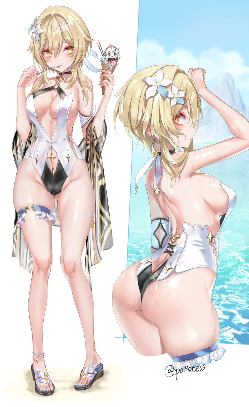 1girl, absurdres, anklet, ass, bad_anatomy, bangs, beads, blonde_hair, blush, bracelet, breasts, clouds, english_text, flower, food, genshin_impact, hair_between_eyes, highres, holding, holding_spoon, ice_cream, ice_cream_cone, jewelry, lumine_(genshin_impact), medium_breasts, mountain, multiple_views, nail_polish, o-ring, o-ring_swimsuit, one-piece_swimsuit, paimon_(genshin_impact), pottsness, sandals, skindentation, sky, spoon, swimsuit, thigh_strap, tongue, twitter_username, water, wet, white_flower, yellow_eyes