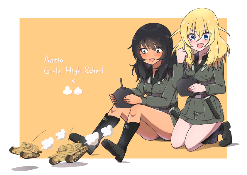 2girls, alternate_costume, andou_(girls_und_panzer), anzio_military_uniform, bangs, belt, black_belt, black_eyes