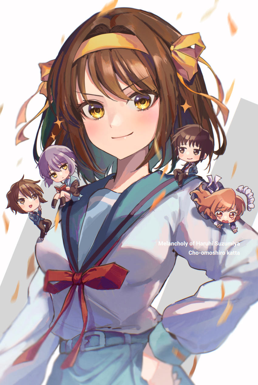 2boys, 3girls, absurdres, asahina_mikuru, asakura_ryouko, blue_sailor_collar, blue_skirt, brown_eyes