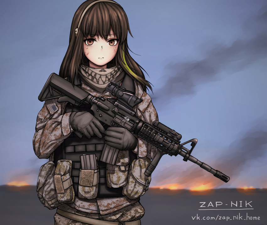1girl, ammunition_belt, ammunition_pouch, assault_rifle, bangs, blurry, blurry_background, brown_eyes, brown_hair, camouflage, camouflage_jacket, camouflage_pants, closed_mouth, dirty, dirty_face, fire, girls_frontline, gloves, gun, hair_between_eyes, headpiece, highres, holding, holding_gun, holding_weapon, jacket, long_hair, long_sleeves, looking_at_viewer, m4_carbine, m4a1_(girls_frontline), military, military_jacket, military_uniform, multicolored_hair, outdoors, pants, pouch, rifle, scarf, smoking, solo, streaked_hair, sunset, uniform, united_states_army, vest, weapon, zap-nik