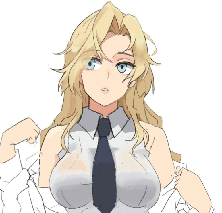 1girl, blonde_hair, breasts, commentary_request, dress_shirt, facing_viewer, hornet_(kancolle), kantai_collection