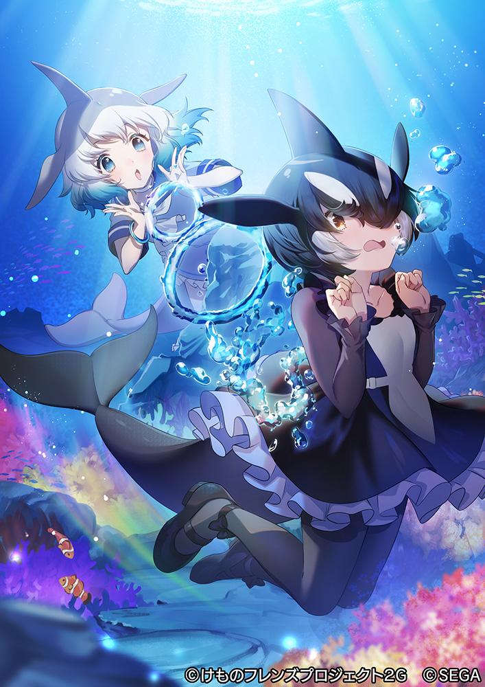 2girls, black_dress, black_footwear, black_hair, black_legwear, blowhole, blue_dress, blue_eyes