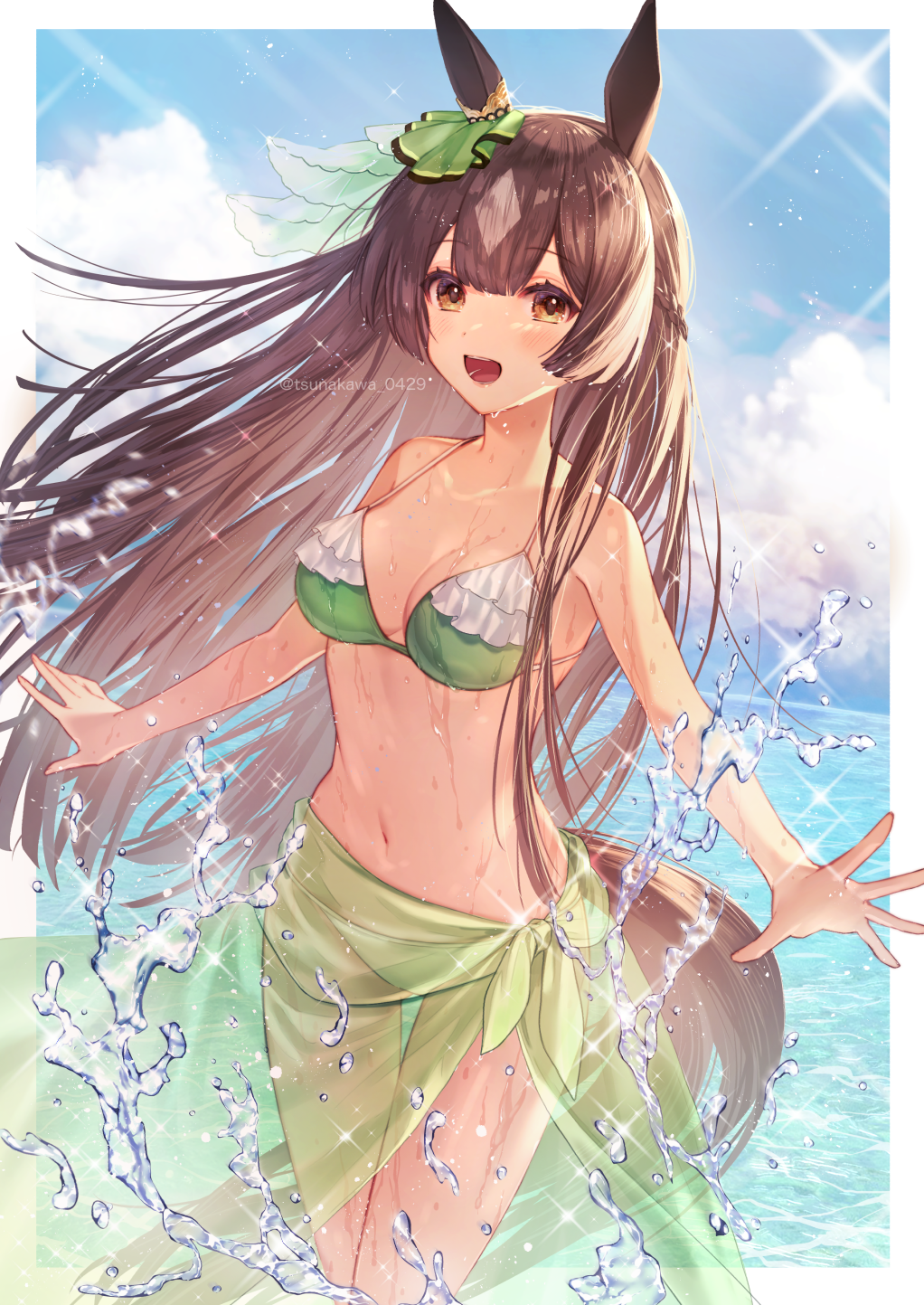 1girl, animal_ears, bikini, blue_sky, breasts, brown_eyes, brown_hair, clouds
