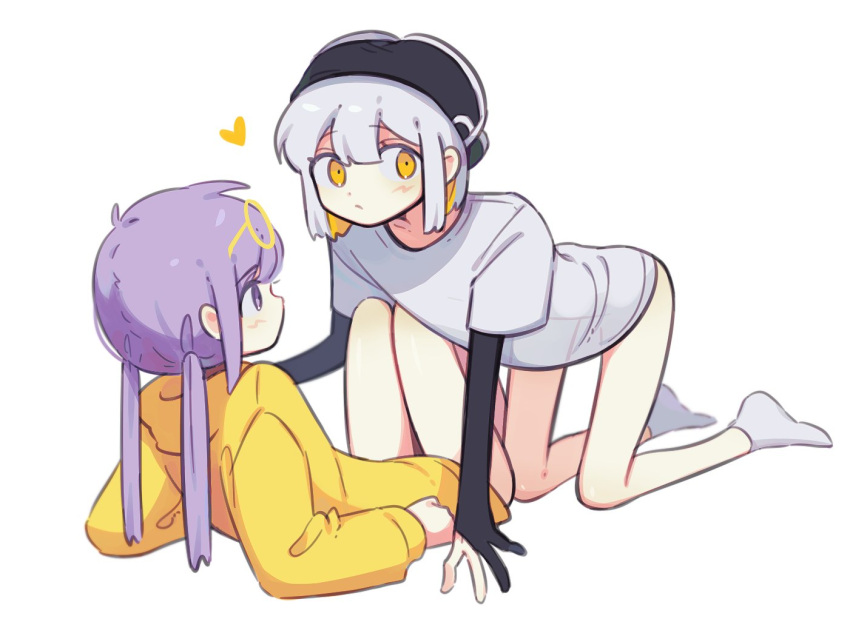 2girls, arm_support, bangs, bare_legs, black_gloves, blonde_hair, colored_inner_hair, elbow_gloves, eyebrows_visible_through_hair, eyewear_on_head, girl_on_top, glasses, gloves, heart, hood, hoodie, kneeling, long_hair, long_sleeves, looking_at_another, looking_at_viewer, lying, multicolored_hair, multiple_girls, myeong7m, on_back, original, partially_fingerless_gloves, purple_hair, shirt, short_sleeves, shorts_on_head, simple_background, socks, t-shirt, twintails, violet_eyes, white_background, white_hair, white_legwear, white_shirt, white_t-shirt, yellow_eyes, yellow_hoodie, yuri