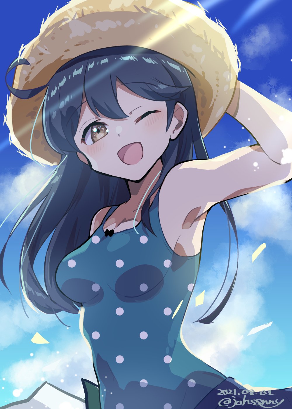 1girl, ahoge, black_hair, blue_sky, brown_eyes, casual_one-piece_swimsuit, clouds, commentary_request