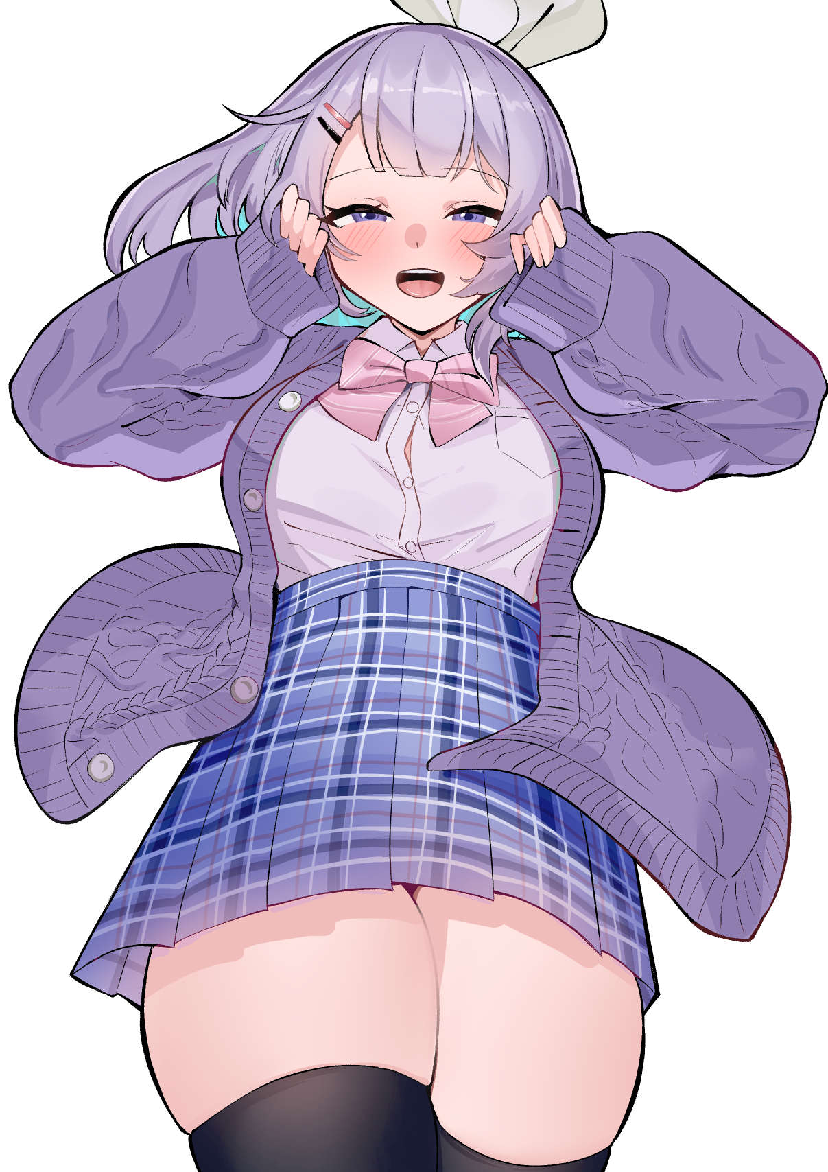 1girl, bangs, blue_skirt, blush, breasts, cardigan, crossed_legs, hair_ribbon, half-closed_eyes, highres, karin_(a62826704), large_breasts, looking_at_viewer, nijisanji, nijisanji_kr, nun_bora, open_mouth, pink_shirt, plaid, plaid_skirt, purple_cardigan, purple_hair, ribbon, school_uniform, shirt, shirt_tucked_in, short_hair, simple_background, skindentation, skirt, smile, solo, thick_thighs, thigh-highs, thighs, violet_eyes, virtual_youtuber, white_background, white_ribbon