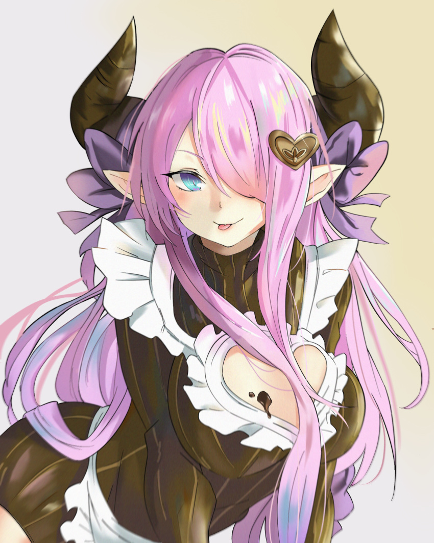 absurdres, apron, bmyoshikun123, bow, braid, braided_ponytail, breasts, chocolate, chocolate_drip, chocolate_on_breasts, clothing_cutout, dress, frilled_apron, frills, granblue_fantasy, heart_cutout, highres, horns, large_breasts, long_hair, looking_at_viewer, narmaya_(granblue_fantasy), pink_hair, pointy_ears, purple_bow, solo, sweater, sweater_dress, tongue, tongue_out, turtleneck, turtleneck_sweater, very_long_hair