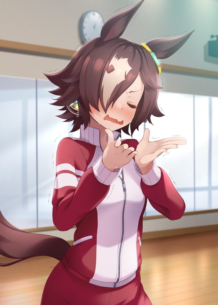 1girl, animal_ears, blurry, blurry_background, brown_hair, clock, depth_of_field, ear_ornament, embarrassed, fang, horse_ears, horse_girl, mofu_namako, multicolored_hair, solo, sweat, sweating_profusely, track_suit, trembling, two-tone_hair, uma_pyoi_densetsu, umamusume, vodka_(umamusume), white_hair, wooden_floor