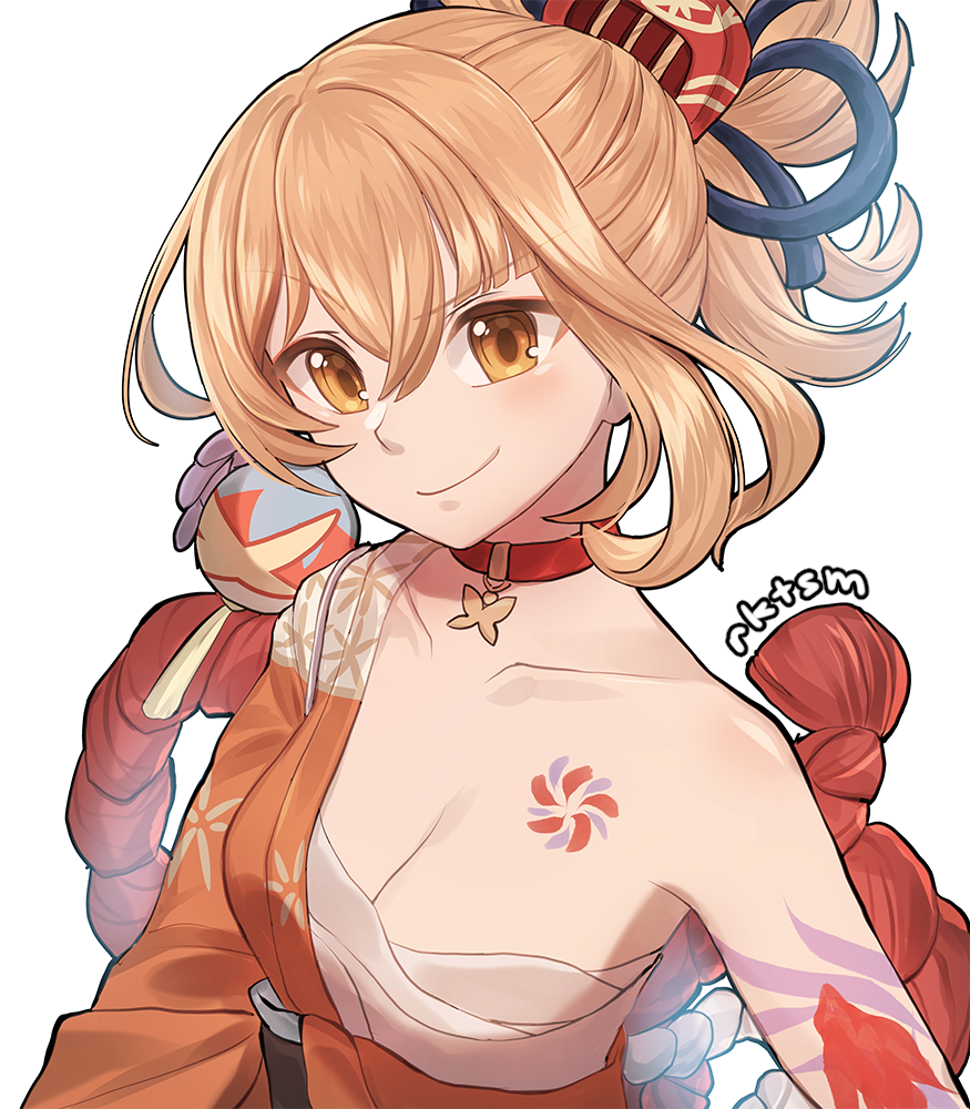 1girl, artist_name, bangs, choker, collarbone, commentary_request, eyebrows_visible_through_hair, genshin_impact, hair_between_eyes, hair_ornament, japanese_clothes, long_hair, looking_at_viewer, orange_eyes, orange_hair, ponytail, rktsm, rope, sarashi, shimenawa, sidelocks, simple_background, smile, solo, tattoo, v-shaped_eyebrows, white_background, wide_sleeves, yoimiya_(genshin_impact)