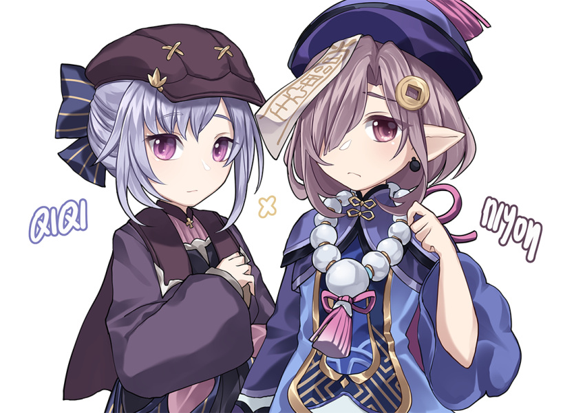 2girls, alternate_costume, alternate_hairstyle, bangs, bead_necklace, beads, bow, cabbie_hat