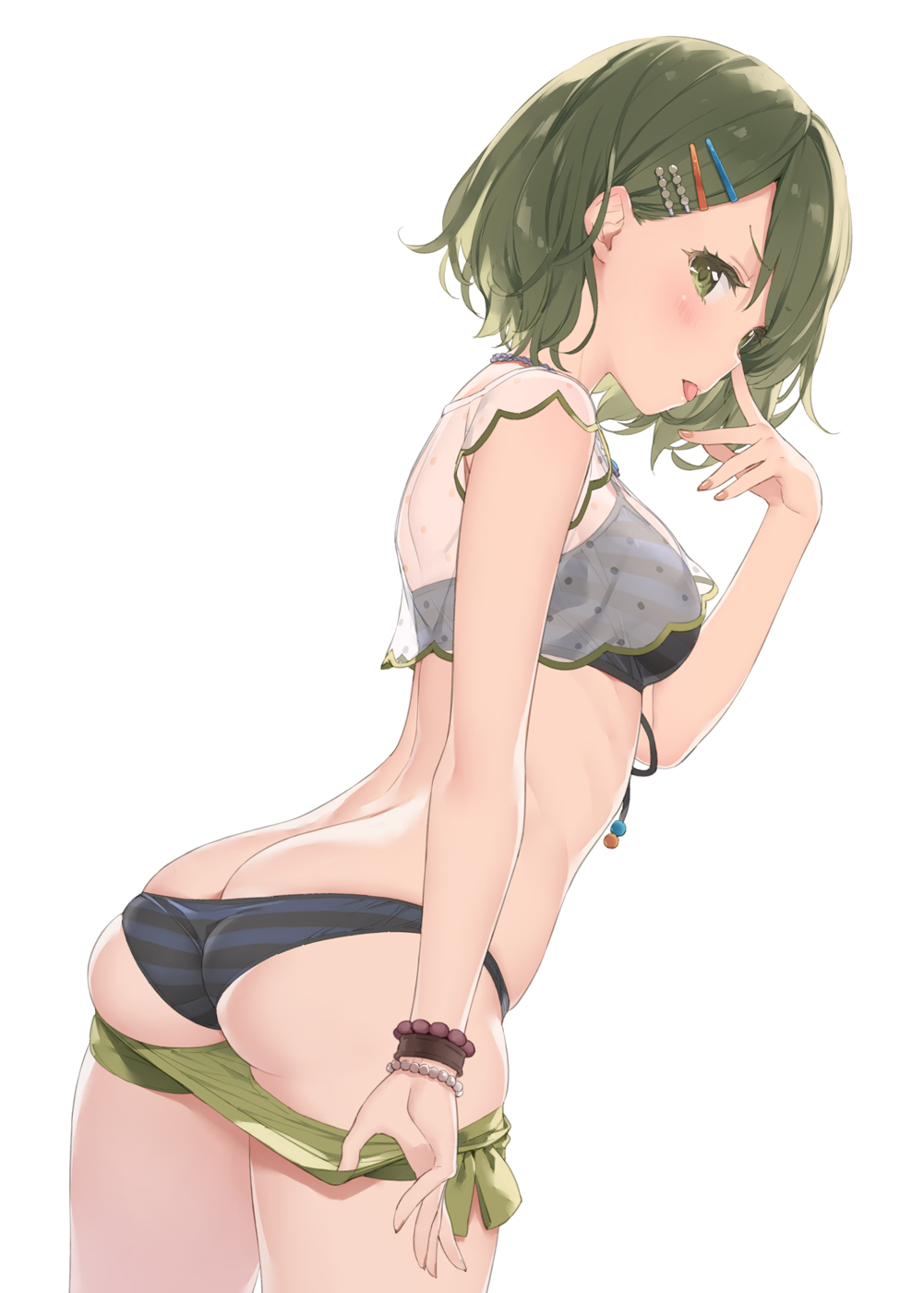 1girl, :p, ass, back, bangs, bikini, black_bikini, blush