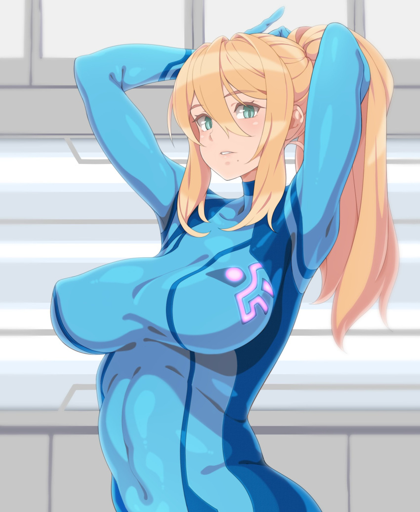 1girl, aqua_eyes, arms_up, blonde_hair, bodysuit, breasts, covered_navel, covered_nipples