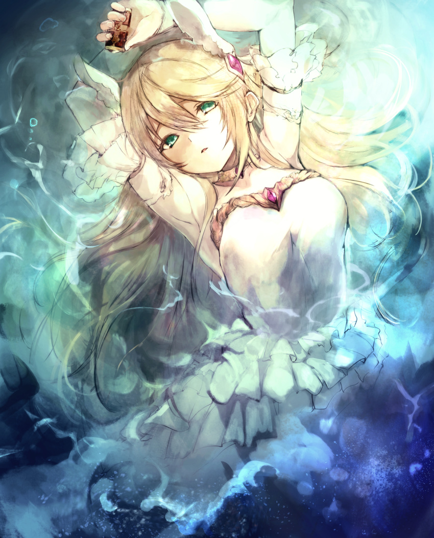 1girl, agulo, armpits, arms_up, bare_shoulders, blonde_hair, choker, dress