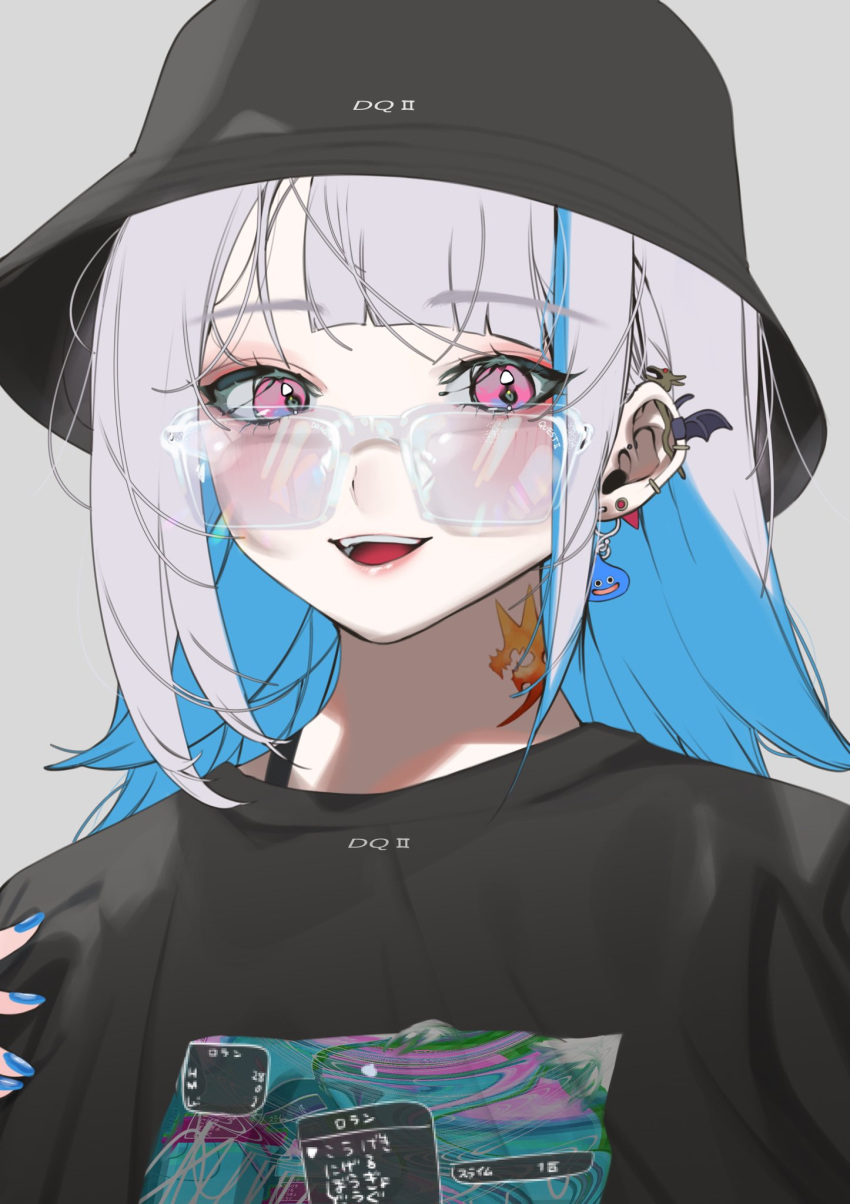 1girl, blue_nails, bucket_hat, dasui191023, ear_piercing, hat, highres, iridescent