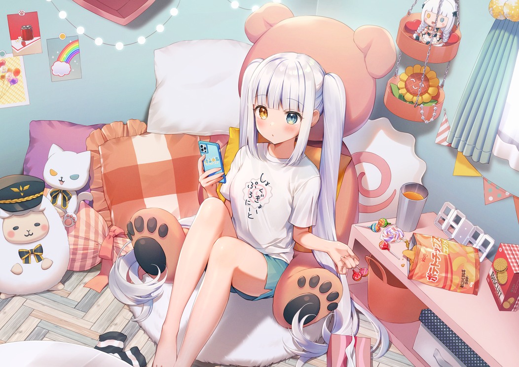 1girl, ^_^, bag_of_chips, bangs, barefoot, between_fingers, black_headwear, blue_eyes