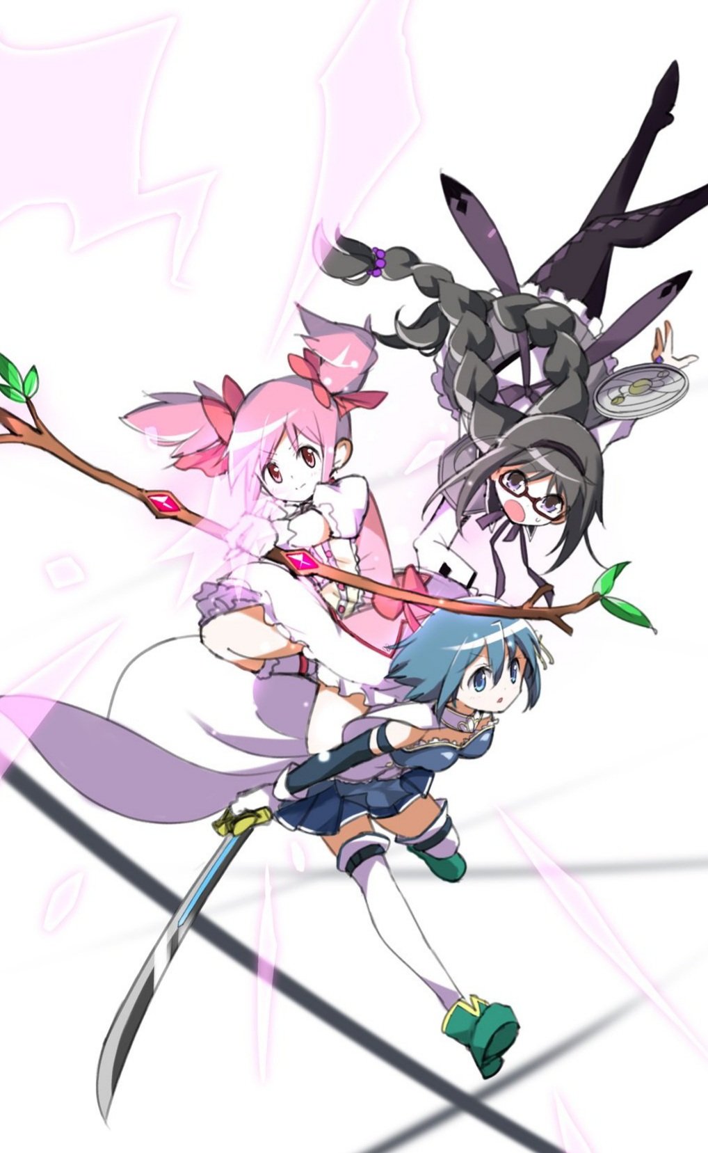 3girls, :o, akemi_homura, blue_eyes, blue_hair, blush, bow_(weapon), dress, gloves, hair_ribbon, hairband, highres, kaname_madoka, leon_ahp, long_hair, magia_record:_mahou_shoujo_madoka_magica_gaiden, mahou_shoujo_madoka_magica, miki_sayaka, multiple_girls, open_mouth, ribbon, scared, short_hair, skirt, spoilers, sword, thigh-highs, weapon, white_gloves, white_legwear