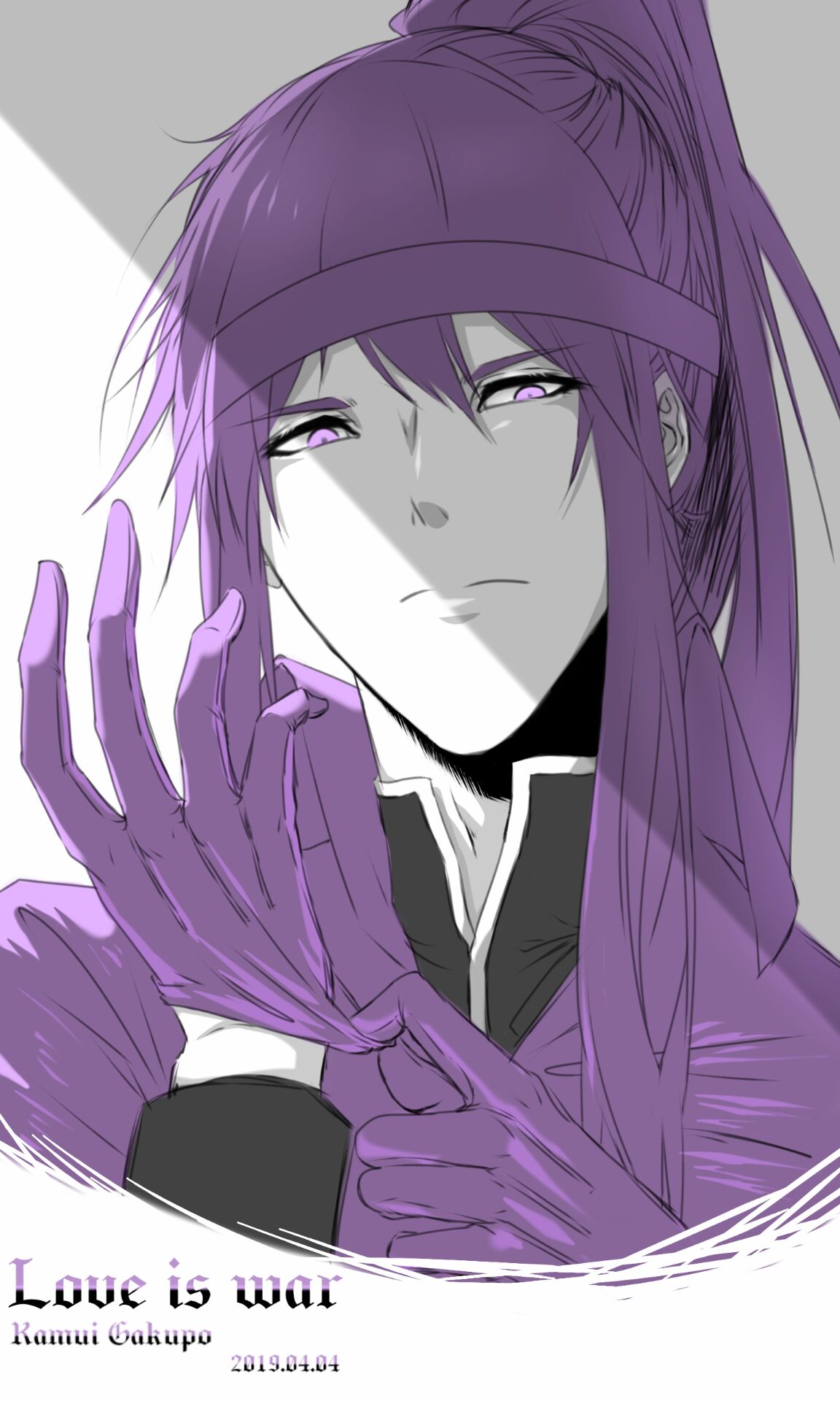 1boy, adjusting_clothes, adjusting_gloves, buzhengjing_zhi_bi, character_name, commentary, dated, english_commentary, english_text, gloves, highres, kamui_gakupo, looking_at_viewer, male_focus, monochrome, ponytail, portrait, purple_gloves, purple_hair, purple_shirt, putting_on_gloves, shirt, sidelocks, solo, violet_eyes, vocaloid