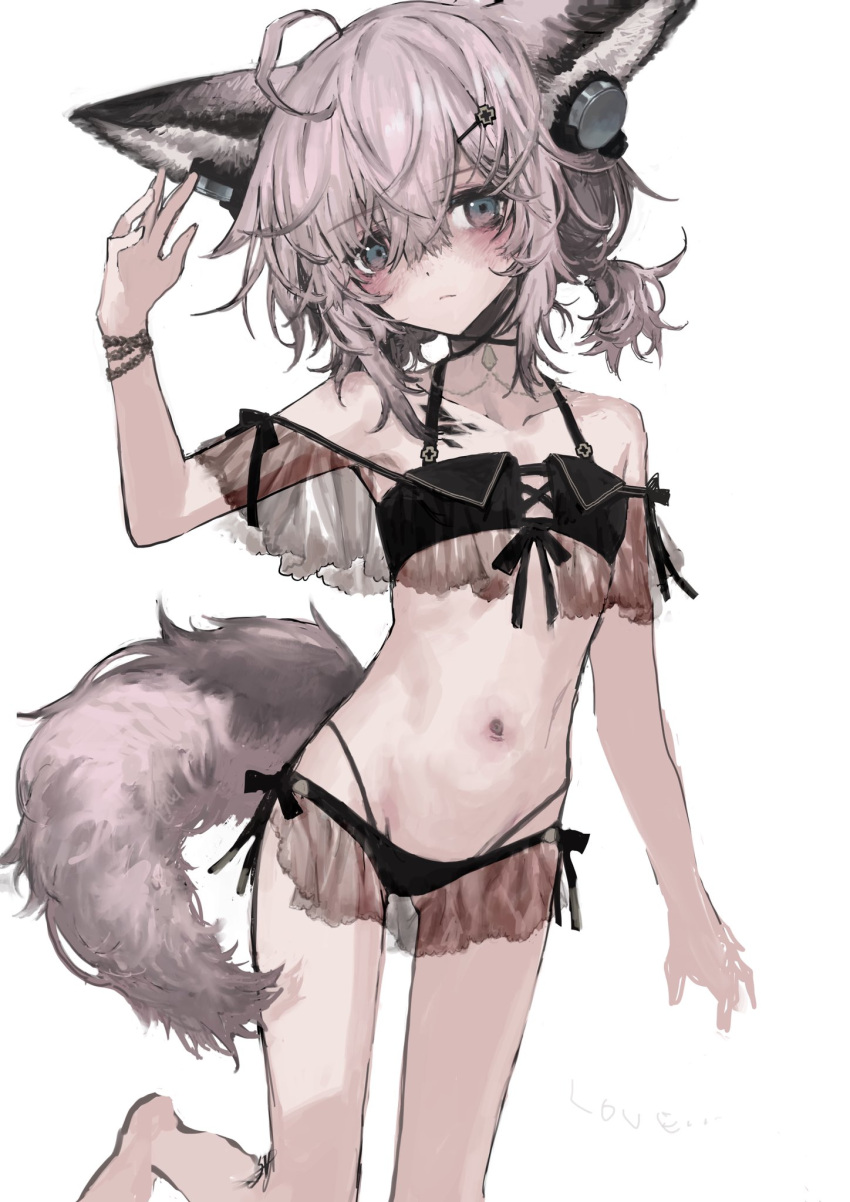 1girl, animal_ears, arknights, bangs, bare_shoulders, black_swimsuit, brown_hair, closed_mouth