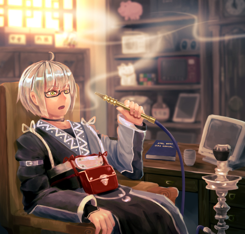 1boy, bag, bangs, belt, black_belt, black_shirt, black_sleeves, blue_shirt, blue_sleeves, book, chair, computer, cup, glasses, hand_up, hookah, kougekiryoku, light, long_sleeves, looking_to_the_side, morichika_rinnosuke, no_hat, no_headwear, open_mouth, piggy_bank, red_bag, shadow, shirt, short_hair, silver_hair, sitting, smoke, solo, table, touhou, window, yellow_eyes