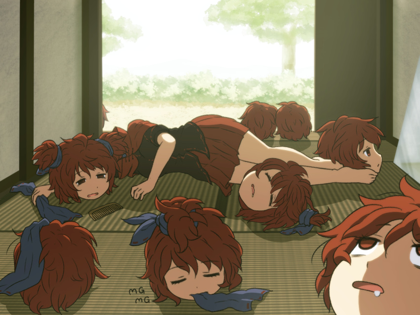 1girl, alternate_costume, bare_legs, barefoot, black_shirt, blue_ribbon, closed_eyes, comb