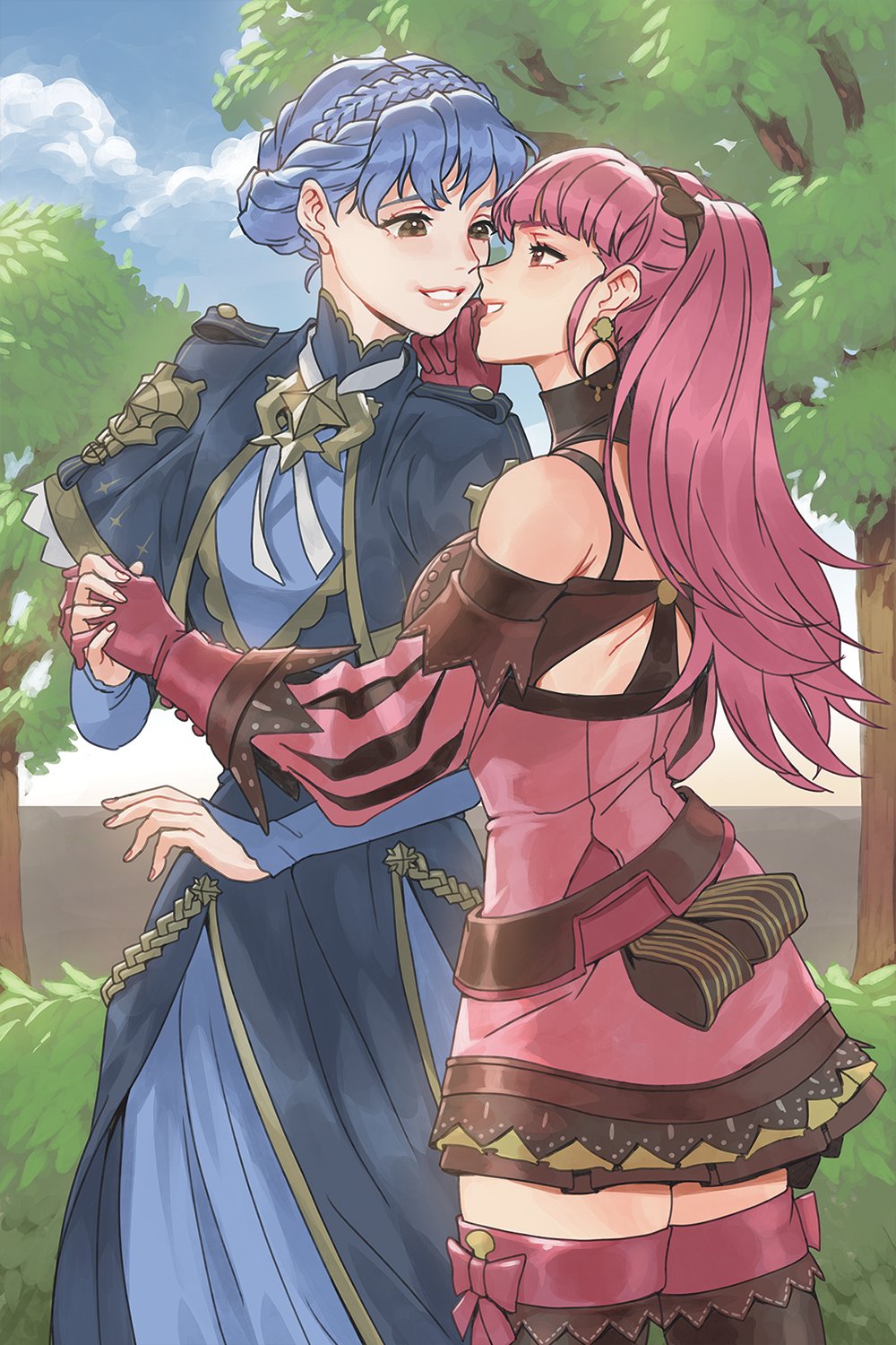 2girls, blue_hair, blue_sky, braid, bush, couple, dress, eye_contact, fire_emblem, fire_emblem:_three_houses, gloves, hand_on_another's_chin, highres, hilda_valentine_goneril, holding_hands, imminent_kiss, interlocked_fingers, looking_at_another, marianne_von_edmund, multiple_girls, pink_hair, radiostarkiller, sky, smile, tree, twintails, yuri