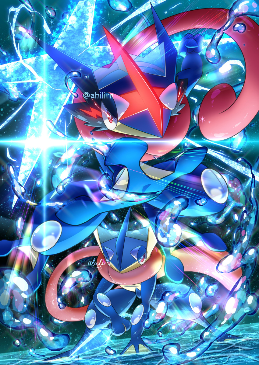 absurdres, ash-greninja, bond_phenomenon_(pokemon), bright_pupils, commentary_request, gen_6_pokemon, glowing, glowing_eyes